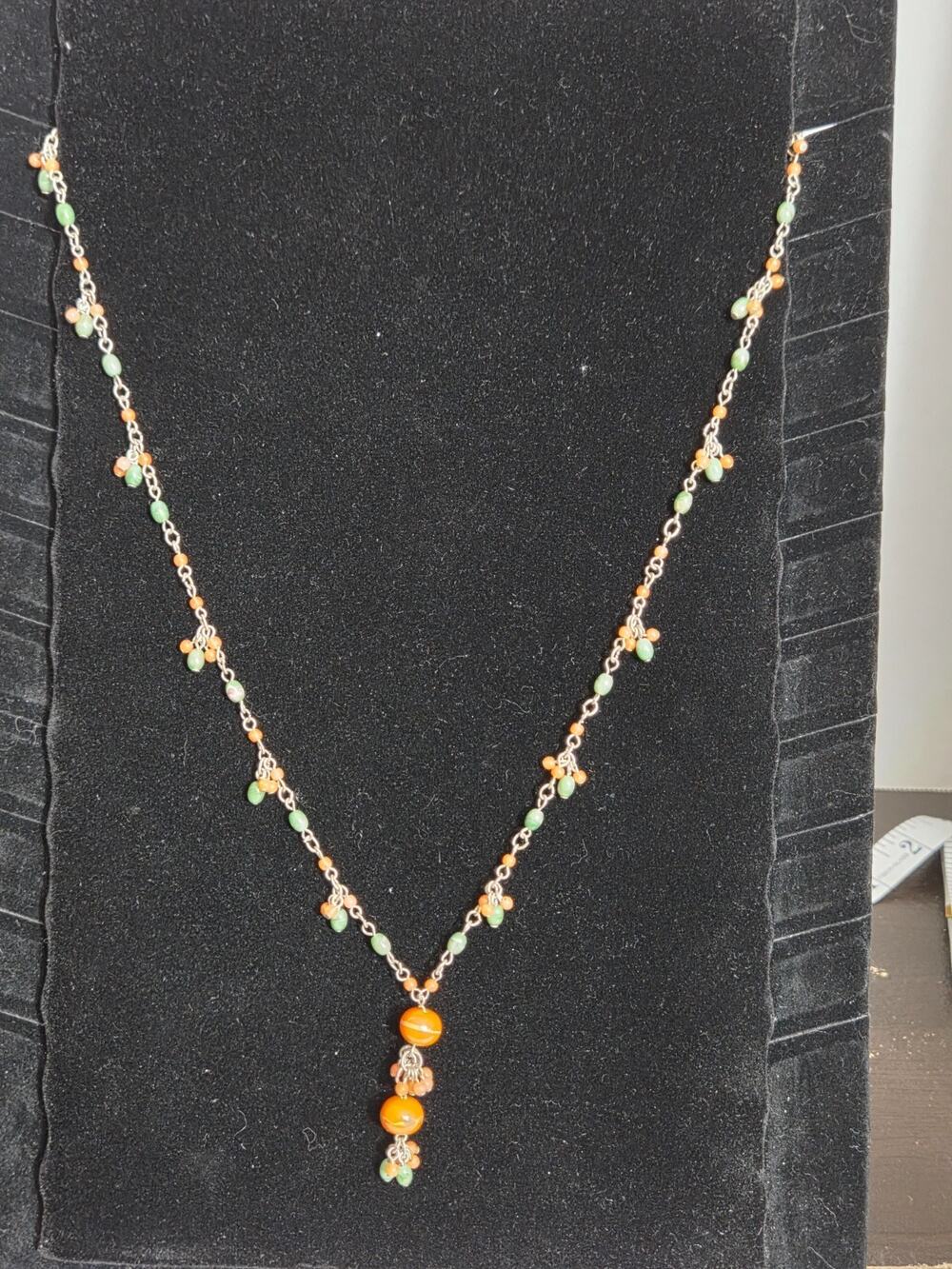 Orange Green Beaded Y Necklace Silver Tone Dangle Cluster Boho Jewelry #AEN19